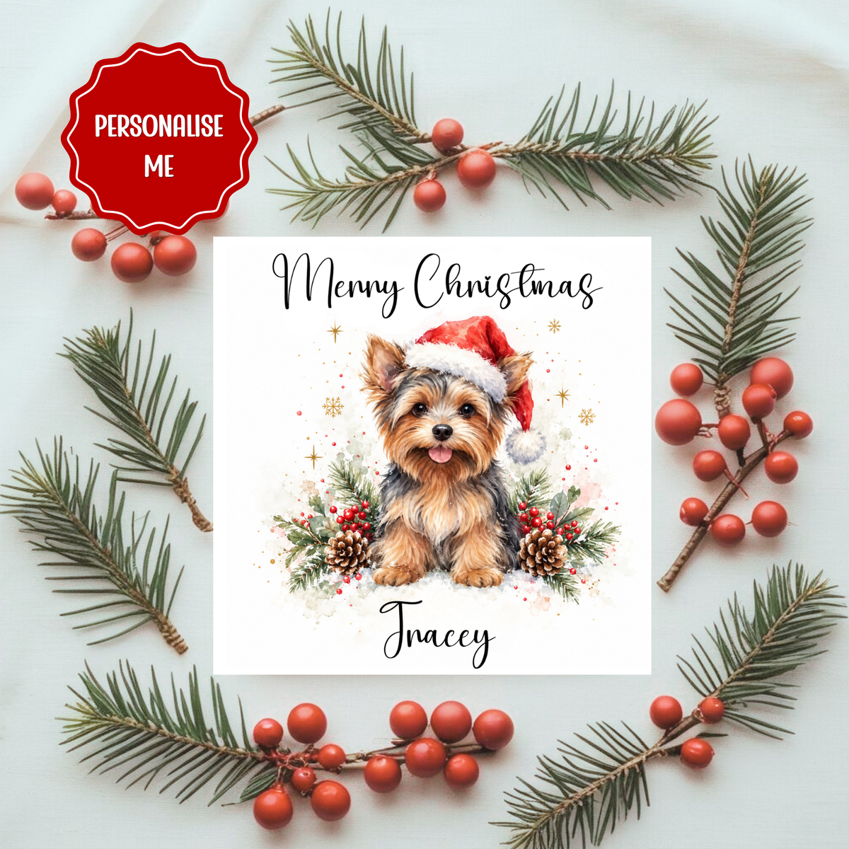 Personalised Yorkshire Terrier Christmas Card – Any Name – Cute Dog Xmas Card