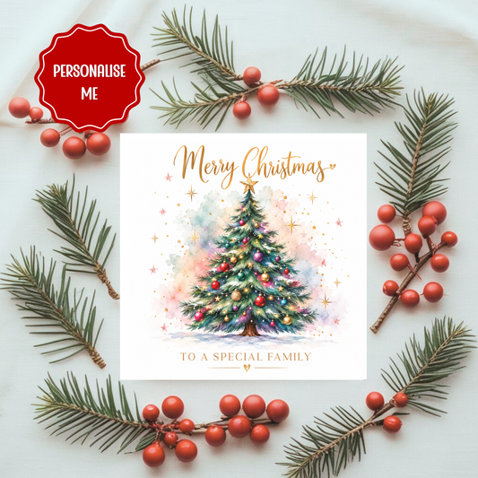 Personalised Christmas Card for a Special Family | Custom Family Christmas Tree Card | Festive Holiday Greeting | Watercolour Design
