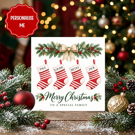 Personalised Family Christmas Card – Custom Stocking Names, Special Family Xmas Card, Festive Holiday Greeting