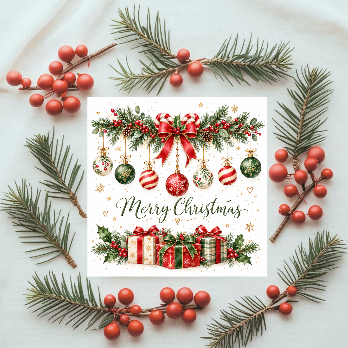 Merry Christmas Card – Festive Baubles & Presents Design – Traditional Holiday Greeting