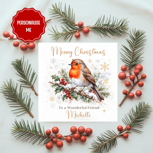 Personalised Robin Christmas Card – Special Mum / Dad / Any Relative or Friend – Custom Name – Winter Robin Card – Festive Holiday Card