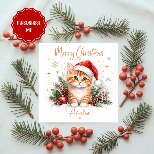Personalised Christmas Card – Cute Kitten in Santa Hat | Custom Name | Festive Holiday Card
