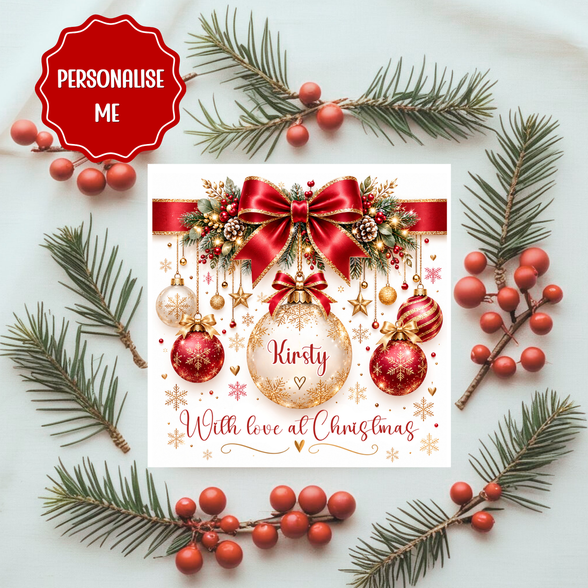 Personalised Christmas Card: Red Bauble Custom name or relation