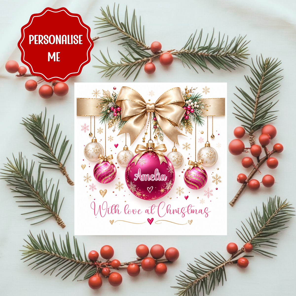 Personalised Christmas Card: Pink Bauble Custom name or relation