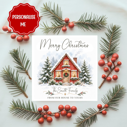 Personalised Family Christmas Card – From Our House to Yours – Custom Name Christmas Card, Cosy Cottage Winter Scene, Holiday Greeting Card