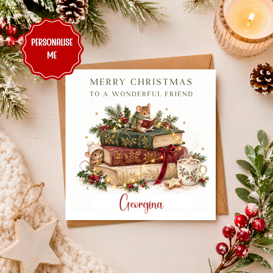 Personalised Christmas Card for Friend, Book Lover Christmas Card, Best Friend Xmas Card, Cute Mouse Christmas Card, Personalised Name Card