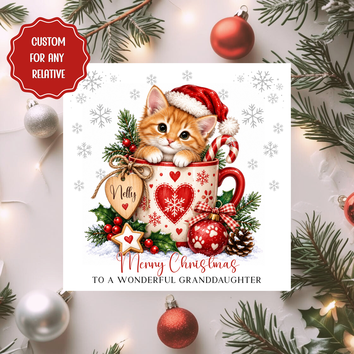 Personalised Cat Christmas Card, Custom Name Xmas Card for Any Relative, Cute Kitten Card for Granddaughter, Daughter, Niece