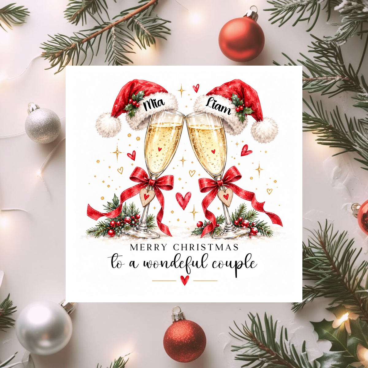 Personalised Couple Christmas Card, Champagne Glasses Xmas Card, Custom Names, Romantic Christmas Card for Partners
