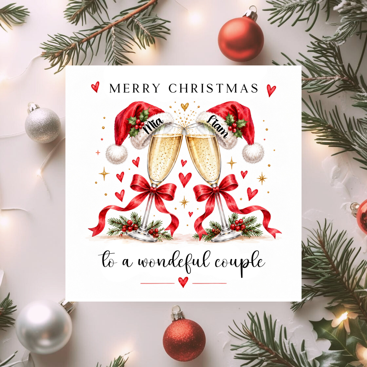 Personalised Couple Christmas Card, Champagne Glasses Xmas Card, Custom Names, Romantic Christmas Card for Partners