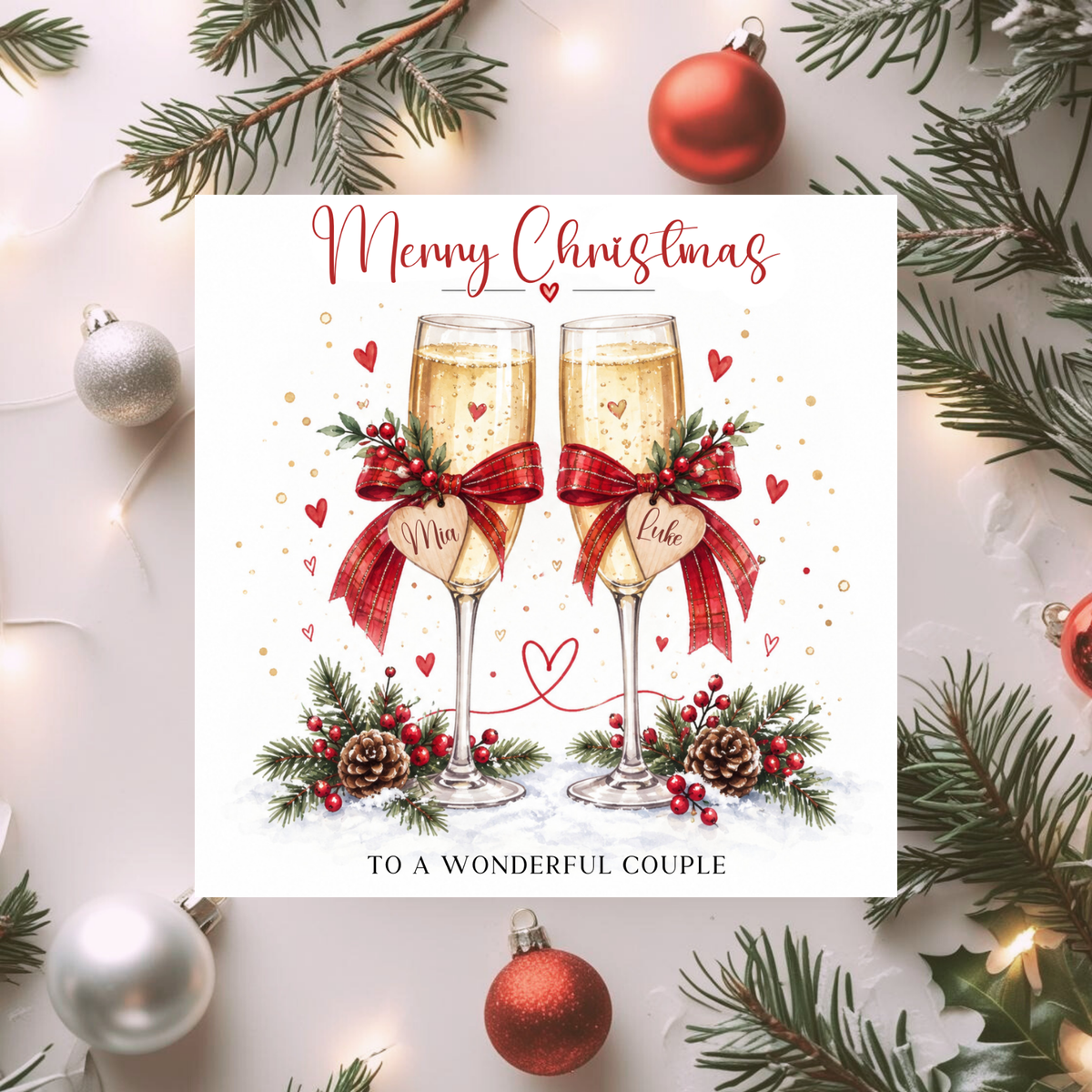 Personalised Couple Christmas Card, Champagne Glasses Xmas Card, Custom Names, Romantic Christmas Card for Partners