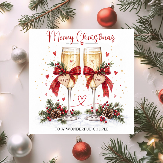 Personalised Couple Christmas Card, Champagne Glasses Xmas Card, Custom Names, Romantic Christmas Card for Partners