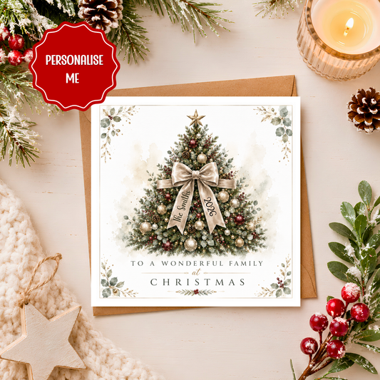 Personalised Family Christmas Card, Custom Surname Xmas Card, Elegant Christmas Tree Card, Personalised Family Xmas Card 2026