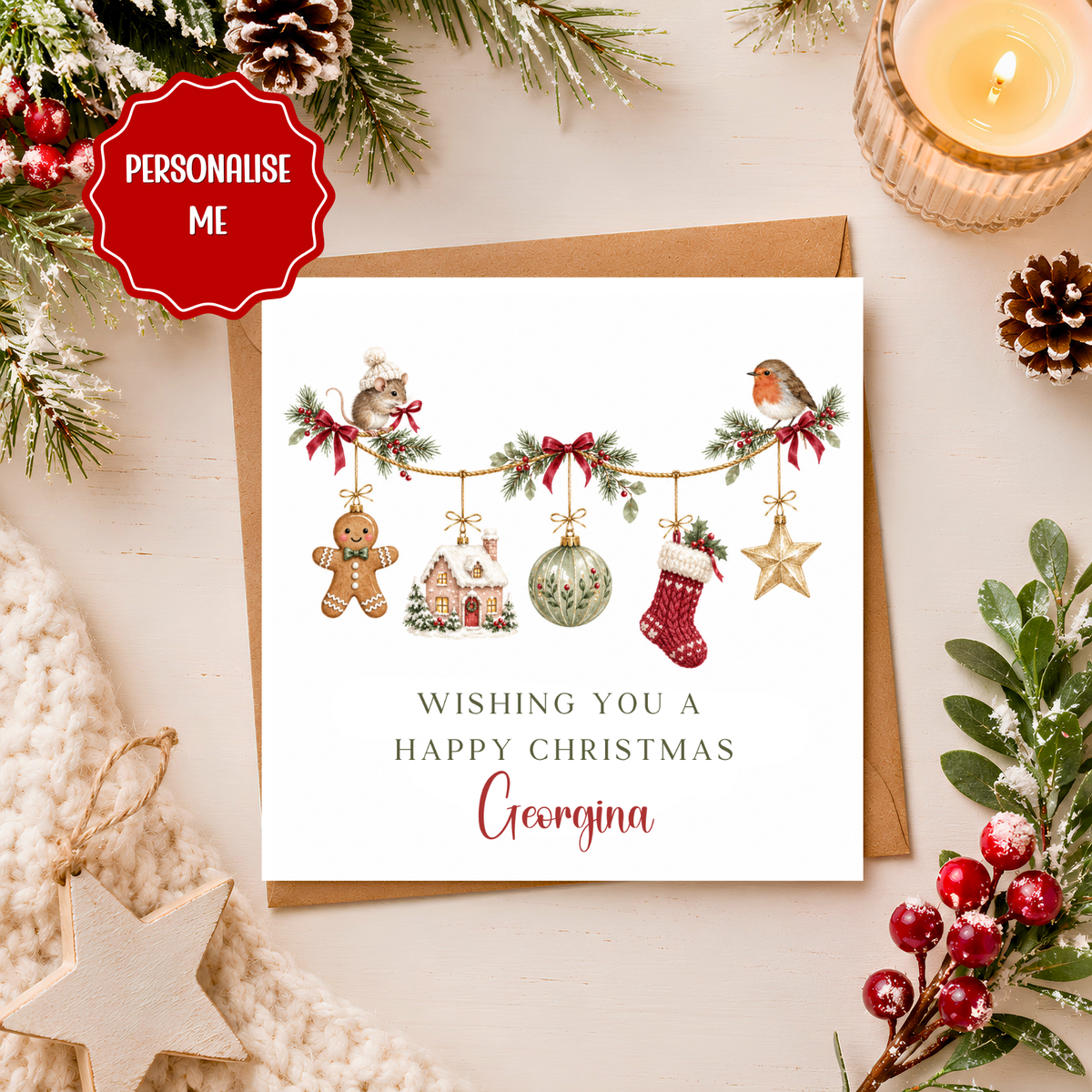 Personalised Christmas Card, Traditional Christmas Garland Card, Robin Christmas Card, Personalised Name Xmas Card, Festive Christmas Card