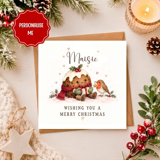 Personalised Christmas Card, Cute Christmas Pudding Card, Robin Xmas Card, Personalised Name Christmas Card, Festive Card for Her Him
