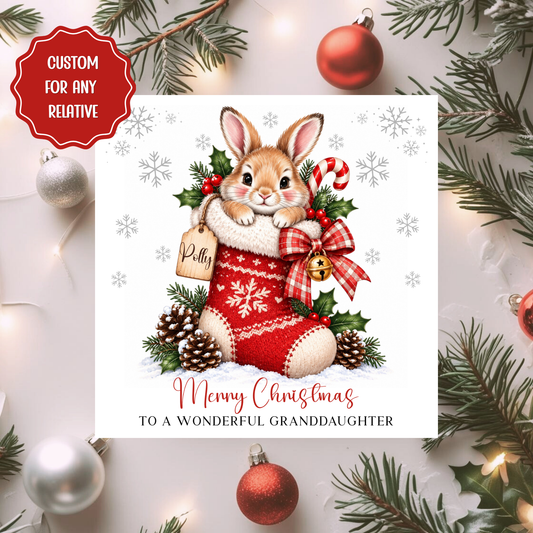 Personalised Rabbit Christmas Card, Custom Name Xmas Card for Any Relative, Cute Bunny Card for Granddaughter, Daughter or Niece