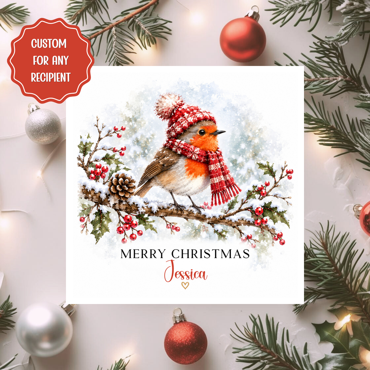Personalised Robin Christmas Card, Custom Name Xmas Card, Wonderful Friend Card, Festive Robin Card for Mum Sister Daughter Nan