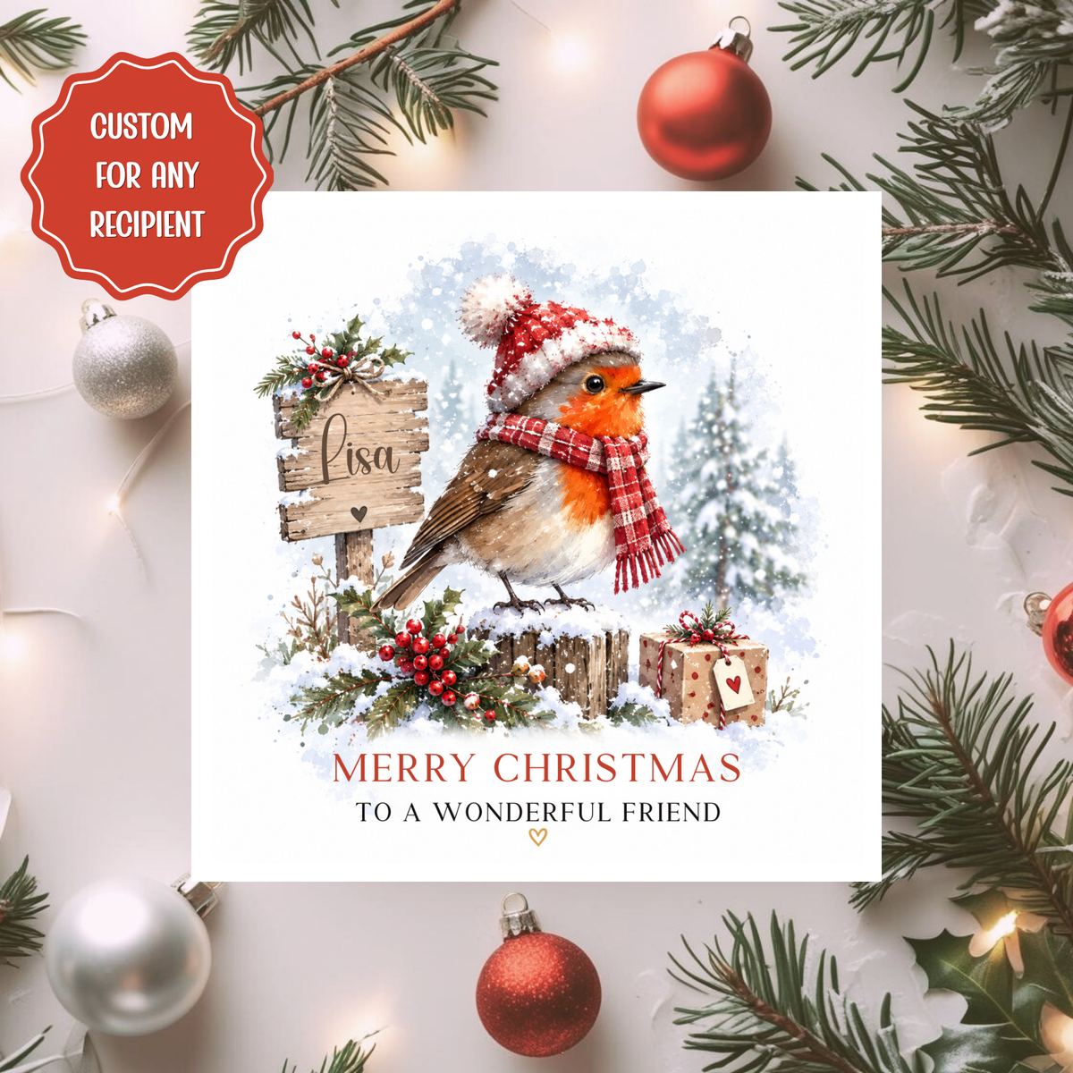 Personalised Robin Christmas Card, Custom Name Xmas Card, Wonderful Friend Card, Festive Robin Card for Mum Sister Daughter Nan
