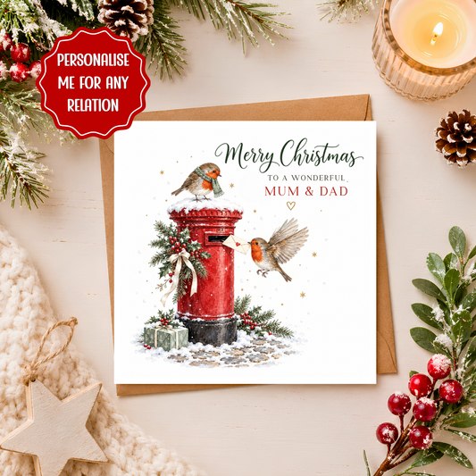 Personalised Christmas Card for Mum and Dad, Robin Christmas Card, Traditional Postbox Xmas Card, Personalised Family Christmas Card