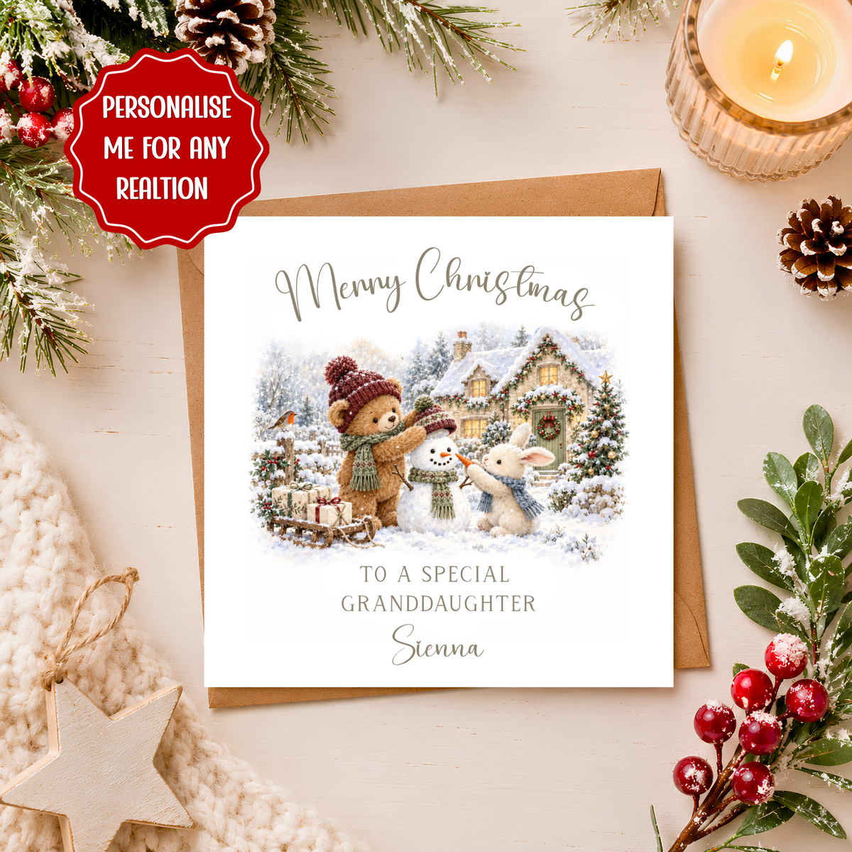 Personalised Granddaughter Christmas Card, Cute Teddy Bear Snowman Xmas Card, Christmas Card for Daughter, Niece, Grandson, Any Relation