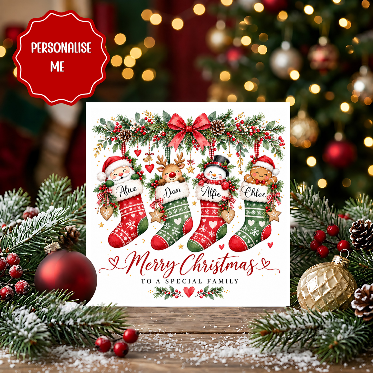 Personalised Family Christmas Card, Custom Names Christmas Card, Family Xmas Card, Christmas Stocking Card, Festive Card for Family