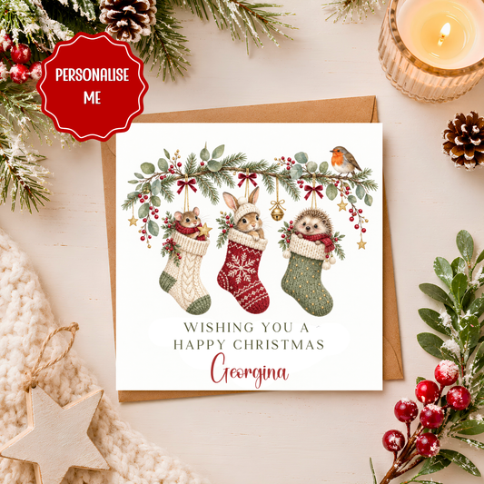 Personalised Christmas Card, Cute Woodland Animal Xmas Card, Christmas Stocking Card, Rabbit Hedgehog Mouse Robin, Personalised Name Card (Copy)