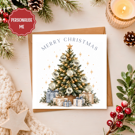 Personalised Christmas Card, Family Christmas Tree Card, Custom Name Baubles, Blue & Gold Xmas Card, Festive Greeting Card