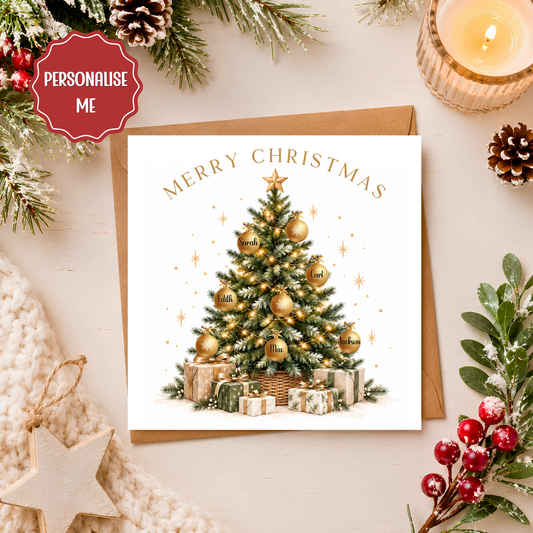 Personalised Christmas Card, Family Christmas Tree Card, Gold Name Baubles, Elegant Xmas Card, Custom Family Christmas Greeting