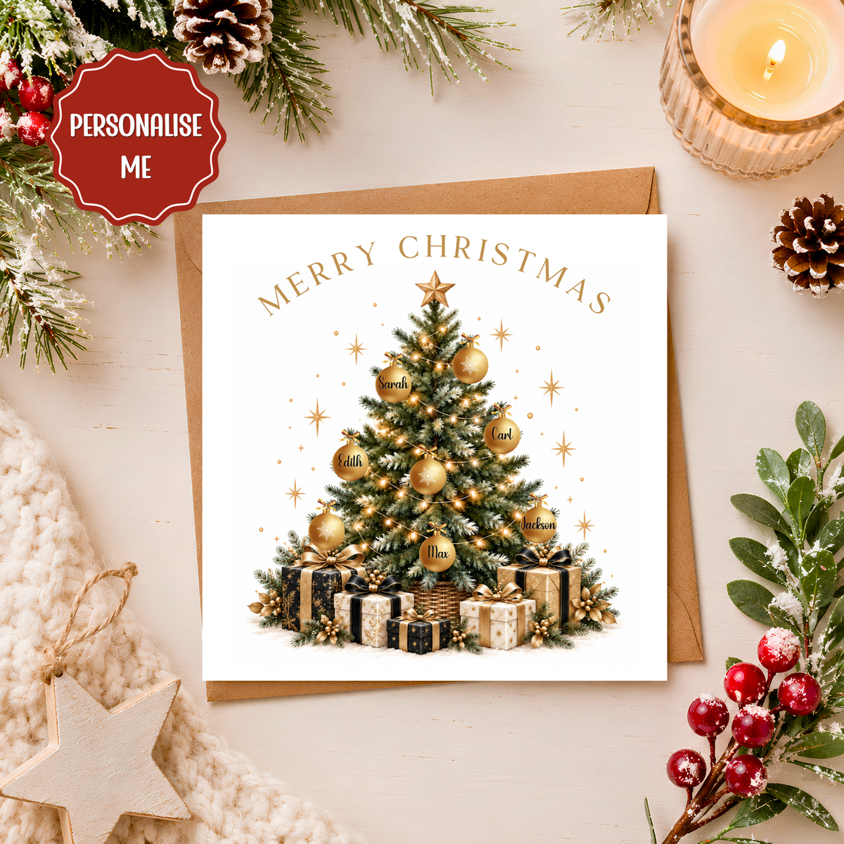 Personalised Christmas Card, Family Christmas Tree Card, Custom Name Baubles, Black and Gold Xmas Card, Luxury Festive Greeting