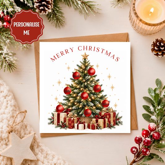 Personalised Christmas Card, Family Christmas Tree Card, Custom Name Baubles, Red and Gold Xmas Card, Traditional Festive Greeting