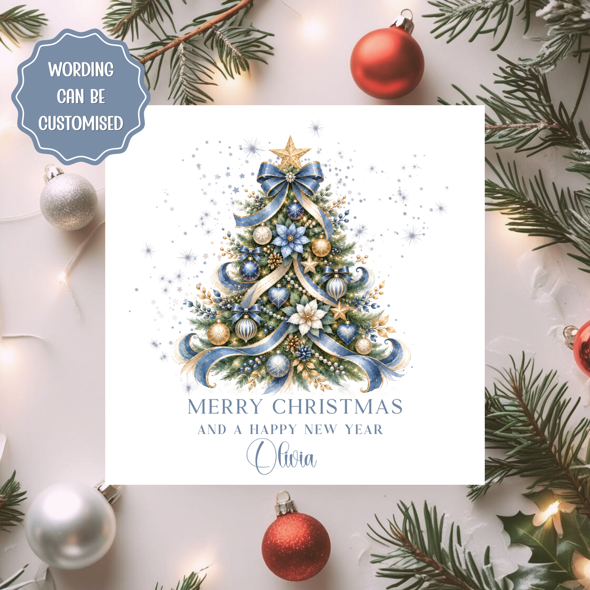 Personalised Christmas Card, Blue and Gold Christmas Tree Card, Custom Name Xmas Card, Elegant Festive Card for Her, Him, Couples, Mum, Dad