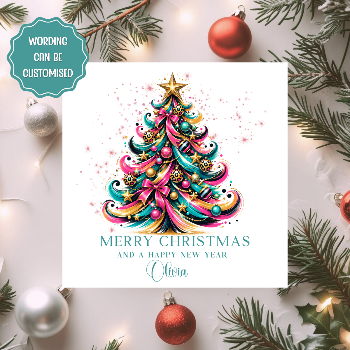 Personalised Christmas Card, Colourful Christmas Tree Card, Custom Name Xmas Card, Bright Festive Card, Merry Christmas Card, Friend, Mum