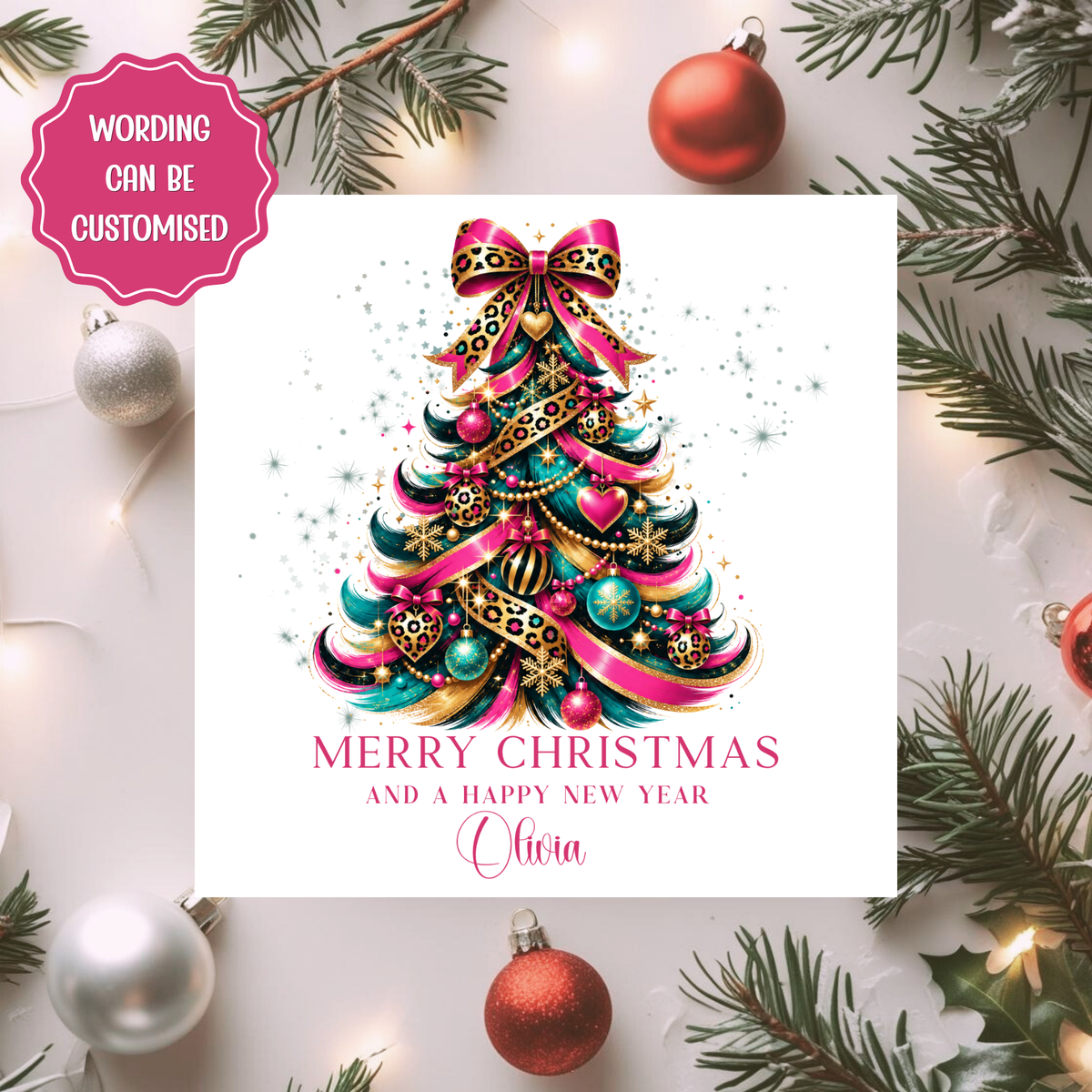 Personalised Pink Leopard Print Christmas Card, Colourful Christmas Tree Card, Custom Name Xmas Card, Funky Festive Card