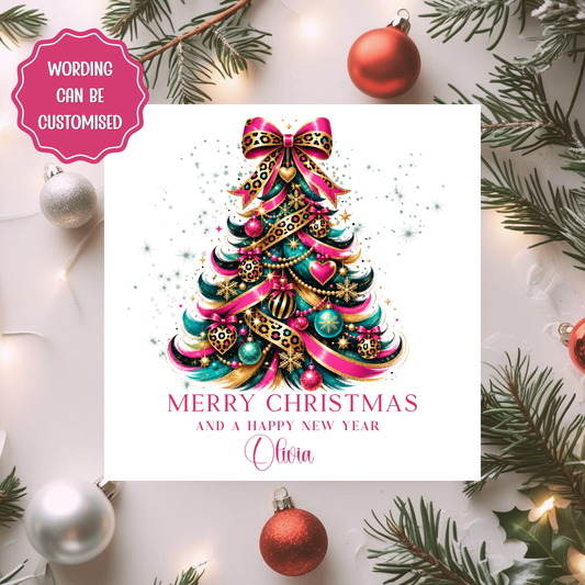 Personalised Pink Leopard Print Christmas Card, Colourful Christmas Tree Card, Custom Name Xmas Card, Funky Festive Card