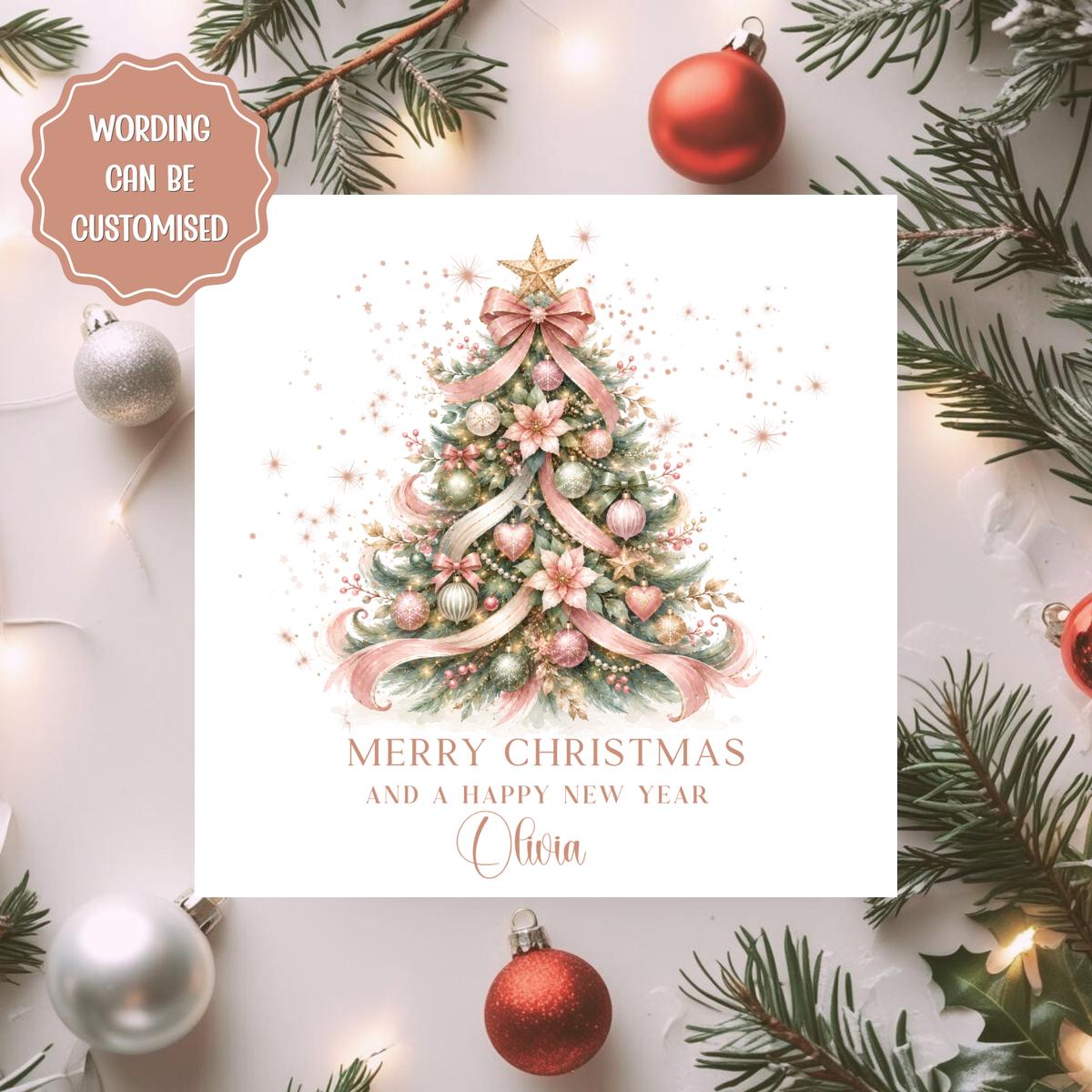 Personalised Christmas Card, Colourful Christmas Tree Card, Custom Name Xmas Card, Bright Festive Card, Merry Christmas Card, Friend, Mum