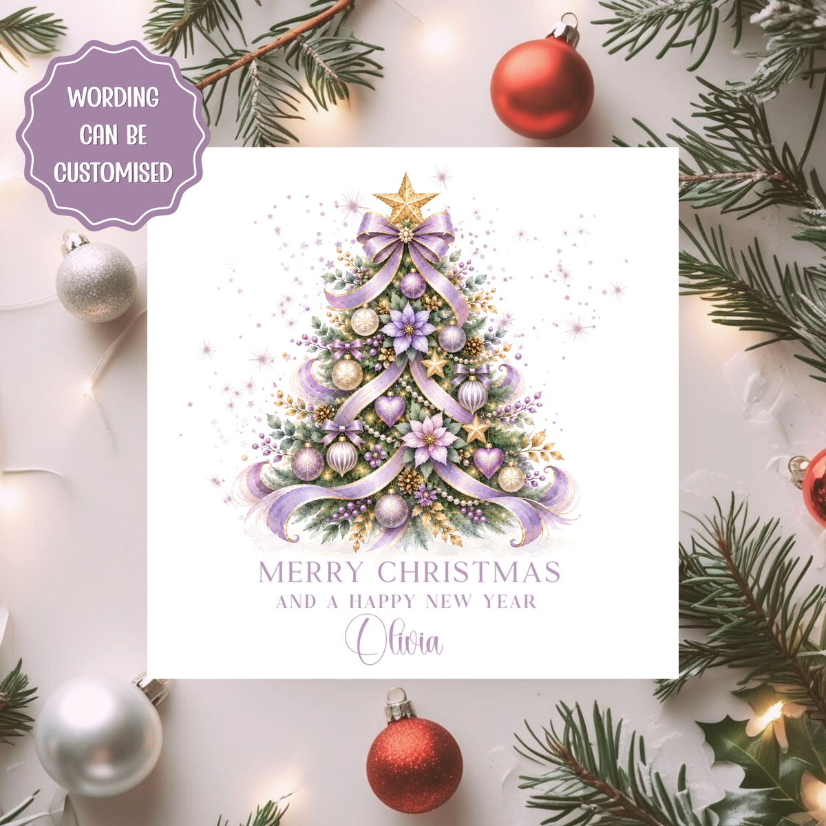 Personalised Christmas Card, Colourful Christmas Tree Card, Custom Name Xmas Card, Bright Festive Card, Merry Christmas Card, Friend, Mum