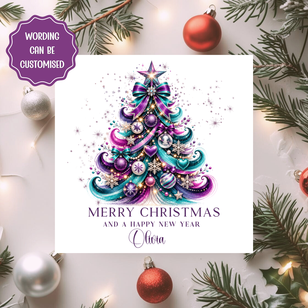 Personalised Christmas Card, Colourful Christmas Tree Card, Custom Name Xmas Card, Bright Festive Card, Merry Christmas Card, Friend, Mum