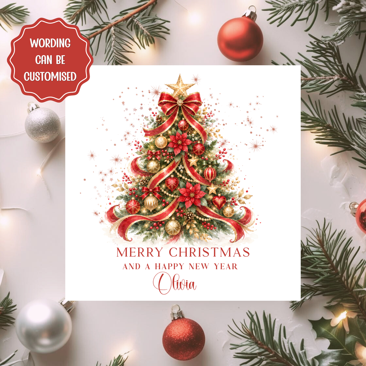 Personalised Christmas Card, Colourful Christmas Tree Card, Custom Name Xmas Card, Bright Festive Card, Merry Christmas Card, Friend, Mum