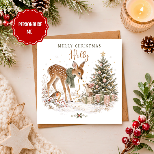 Personalised Woodland Christmas Card, Cute Deer Christmas Card, Holly Xmas Card, Festive Animal Card, Watercolour Christmas Greeting