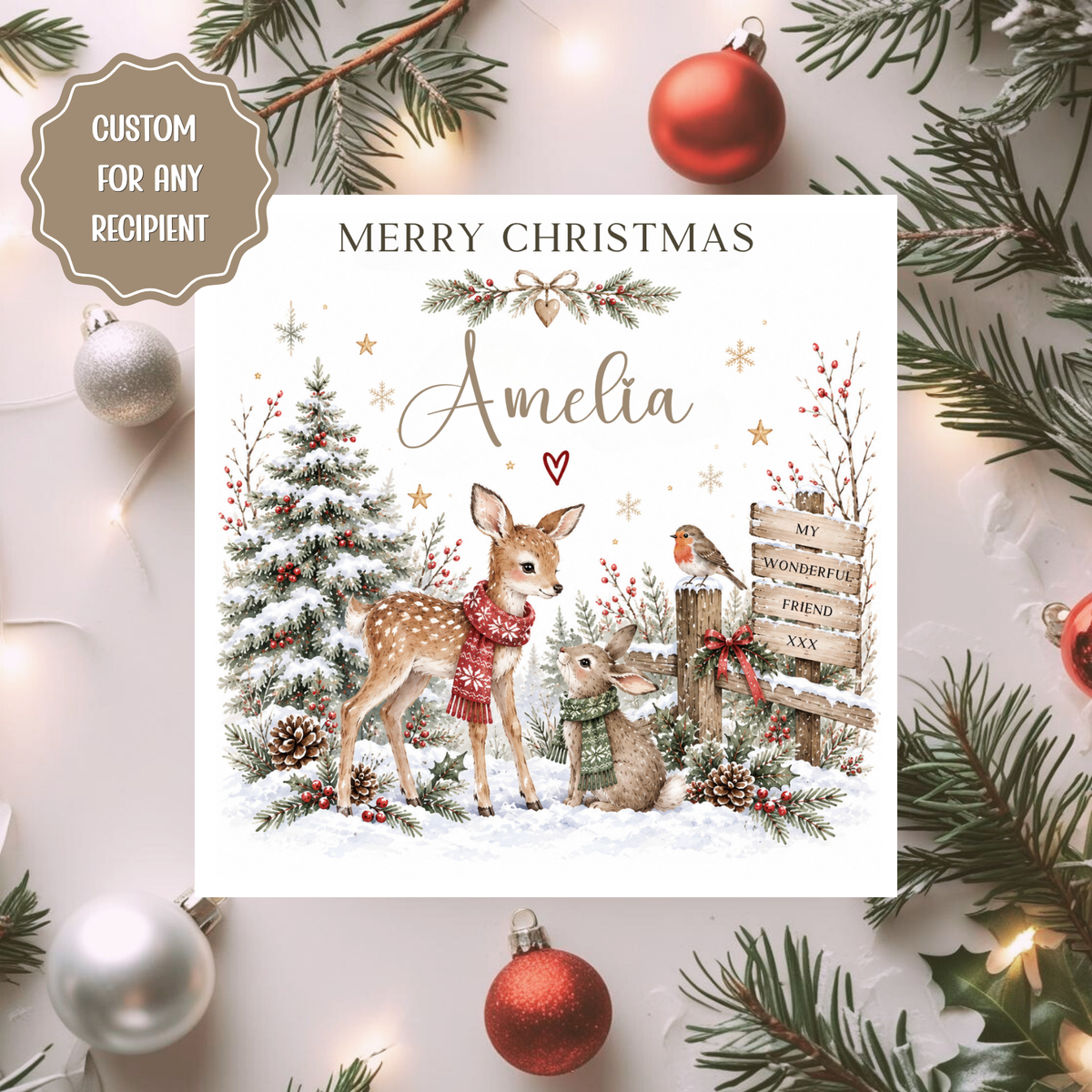 Personalised Woodland Christmas Card, Deer Rabbit Robin Xmas Card, Custom Name & Recipient, Friend Daughter Mum Sister Christmas Card