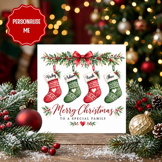 Personalised Family Christmas Card | Custom Names Christmas Stockings Card | Special Family Xmas Card