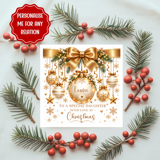 Personalised Christmas Card – Gold Bauble Design | Custom Name Xmas Card | Custom Relative With Love at Christmas