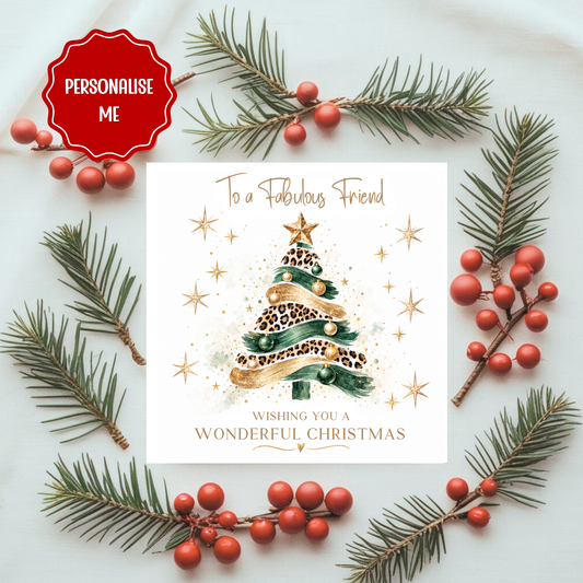 Personalised Fabulous Friend Christmas Card | Leopard Print Christmas Tree Card | Luxury Friend Xmas Card | Custom Name Christmas Greeting