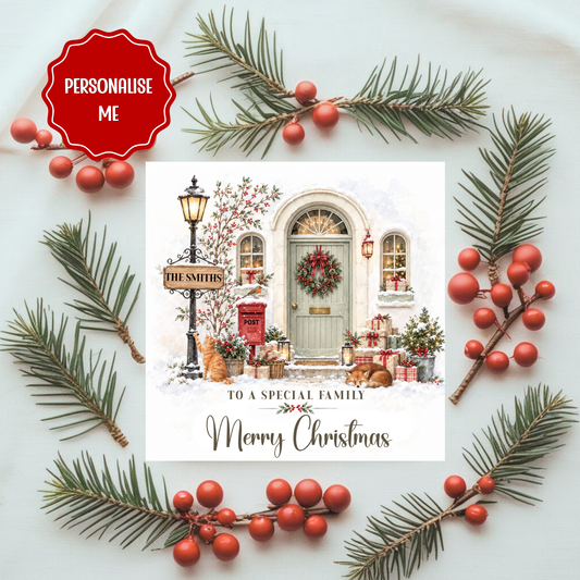 Personalised Family Name Christmas Card – Festive Doorstep Scene – Custom Family Christmas Card