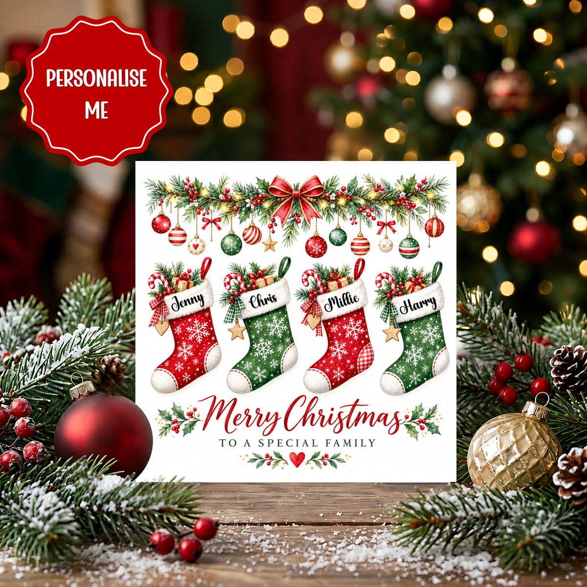 Personalised Family Christmas Card | Custom Stockings Xmas Card | Special Family Holiday Greeting Card