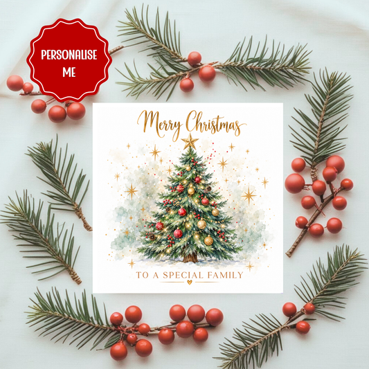 Personalised Christmas Card for a Special Family | Custom Family Christmas Tree Card | Festive Holiday Greeting | Watercolour Design