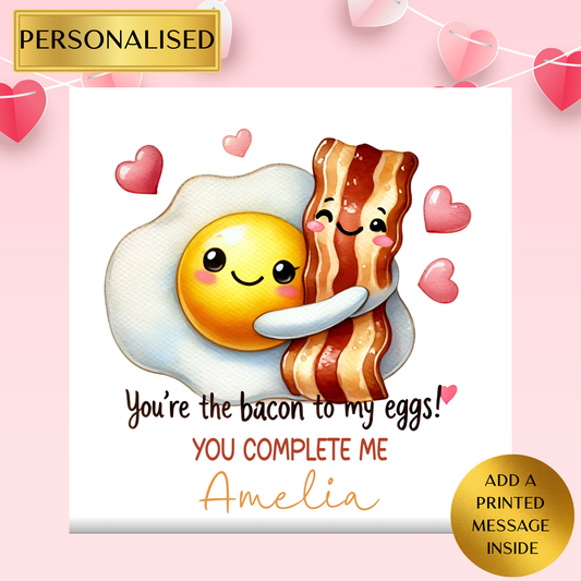 Personalised Bacon & Eggs Valentine’s Card | You Complete Me Card | Cute Food Couple Card | Anniversary Card for Him or Her