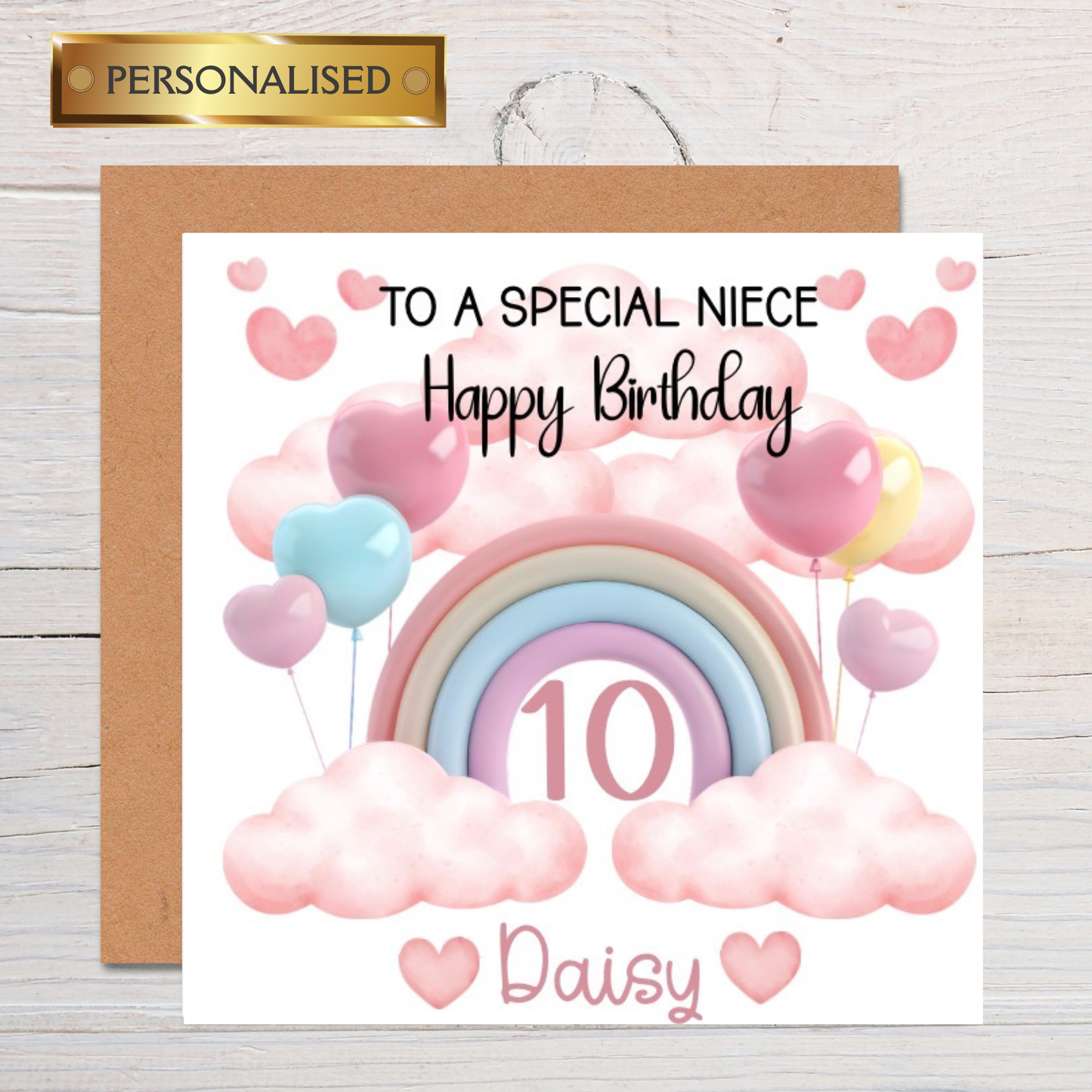 Personalised Girls Birthday Card | Rainbow and Balloons Design | Custom Name & Age | Girls Birthday Card for Daughter, Granddaughter, Her