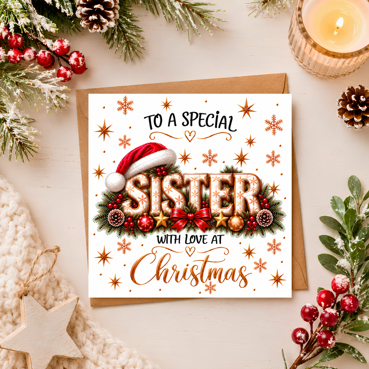 Sister Christmas Card, Special Sister Xmas Card, Christmas Card for Sister, With Love at Christmas, Festive Sister Card