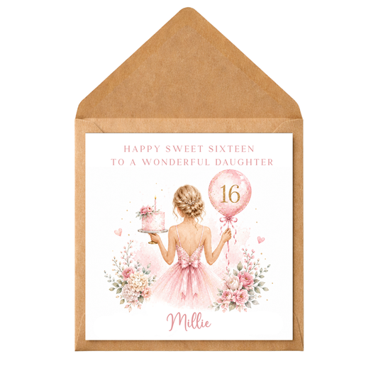 Personalised Sweet 16 Birthday Card for Her, 16th Birthday Card for Girl, Any Relation, Sweet Sixteen Personalised Name Card